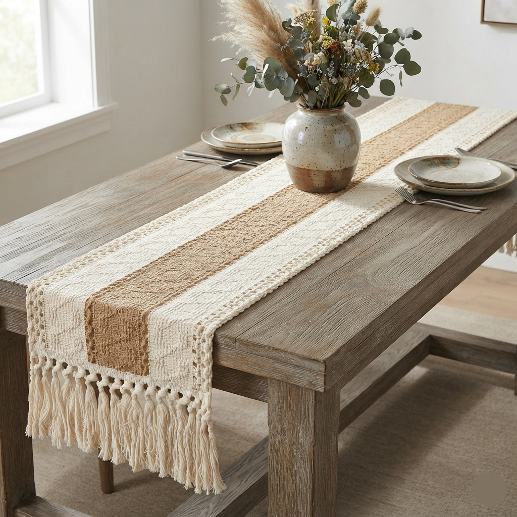 Lenora | Boho tafelloper met kwastjes – een stijlvolle tafeldecoratie voor een landelijke of bruiloftsomgeving.