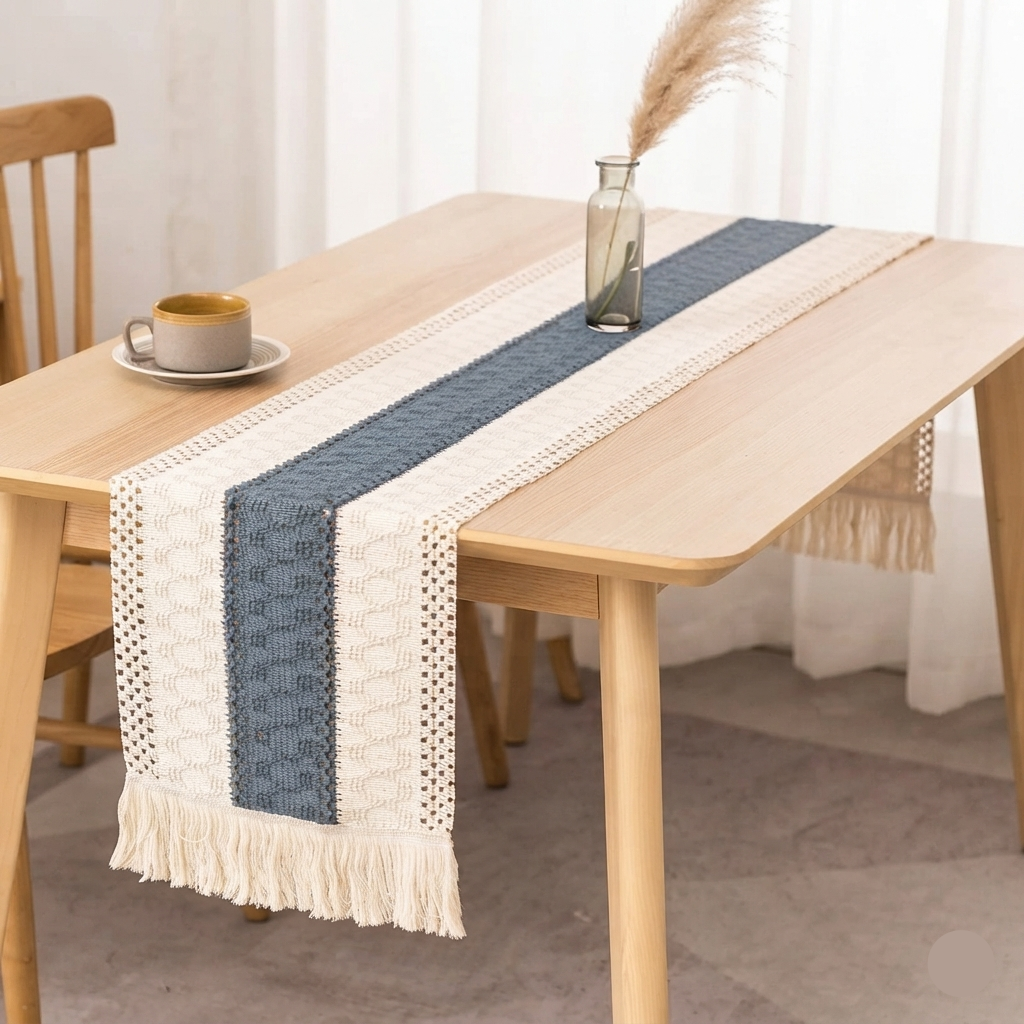 Lenora | Boho tafelloper met kwastjes – een stijlvolle tafeldecoratie voor een landelijke of bruiloftsomgeving.