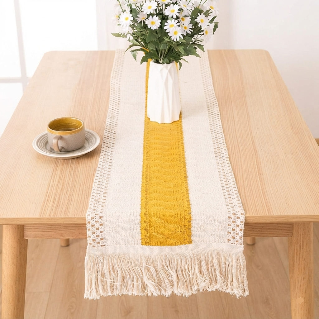 Lenora | Boho tafelloper met kwastjes – een stijlvolle tafeldecoratie voor een landelijke of bruiloftsomgeving.