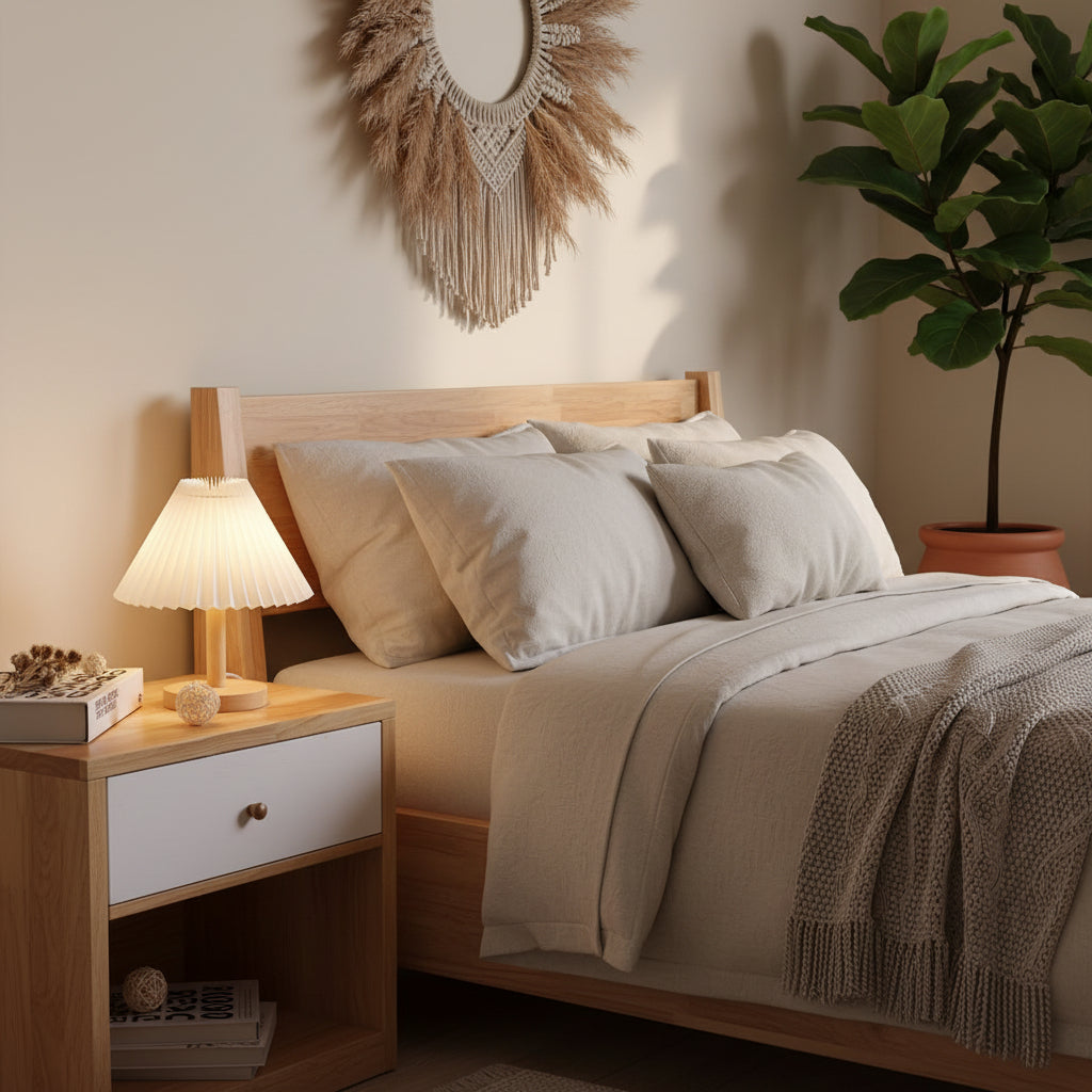 Lunara | Moderne houten tafellamp – Nachtlampje met geplooide kap voor naast het bed