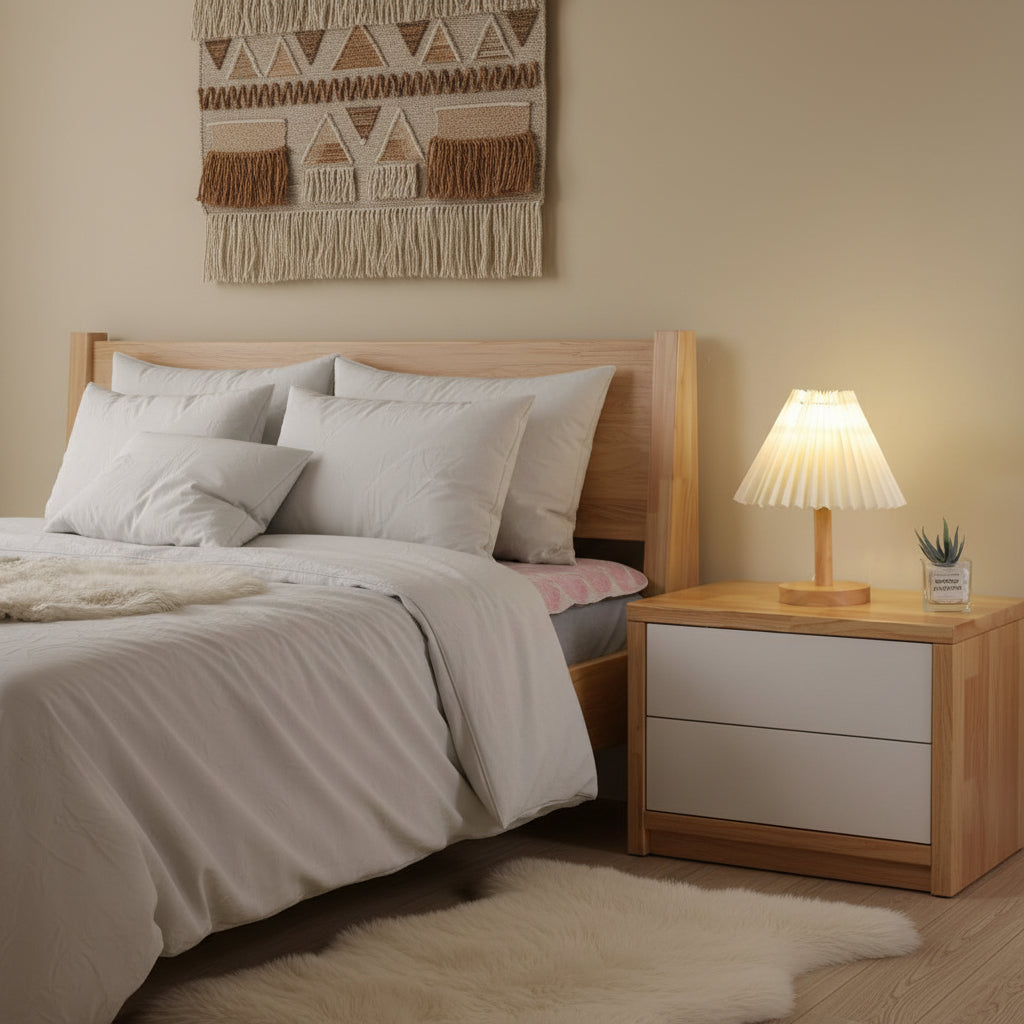 Lunara | Moderne houten tafellamp – Nachtlampje met geplooide kap voor naast het bed