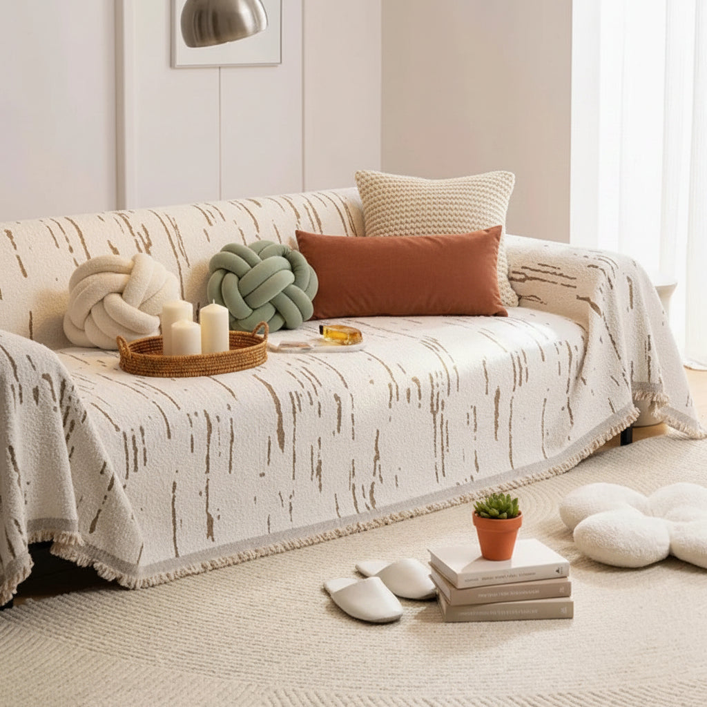 Virella | Geometrische jacquard plaid voor op de bank – bankhoes met kwastjes aan de rand voor de woonkamer